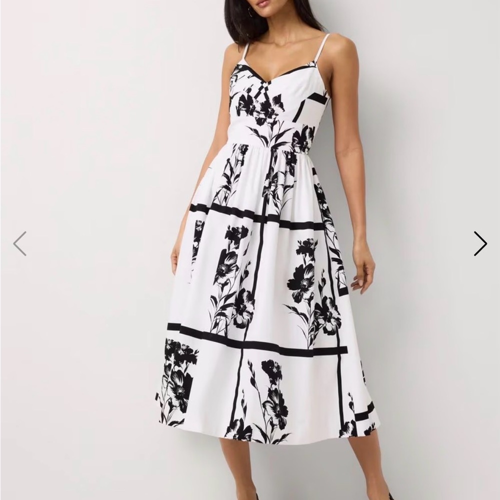 White House Black Market Black & White Floral Pleated Strap Midi Dress 2